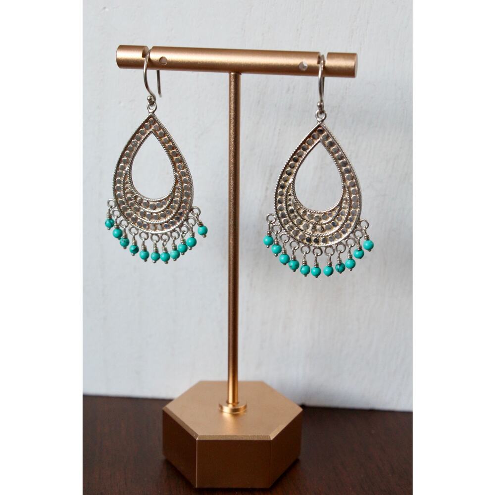 Vintage Anna Beck Sterling Silver & Turquoise Beaded Teardrop Dangle Earrings